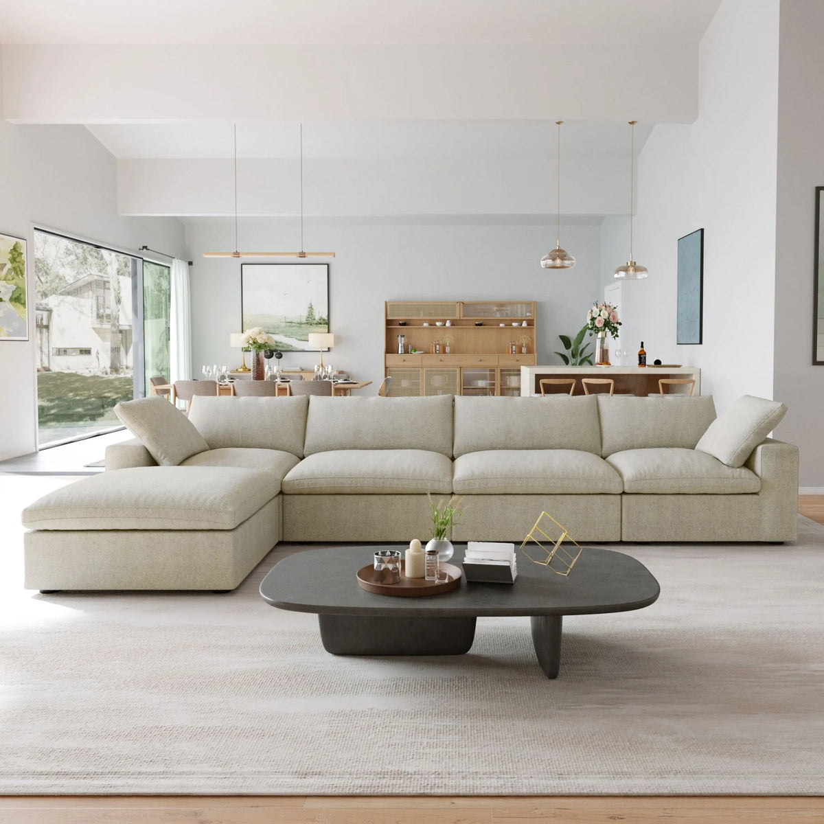 Sky Cloud Sectional Sofa, Modular Washable 160-Inch Linen L-Shaped Sectionals 5-Seaters, Khaki