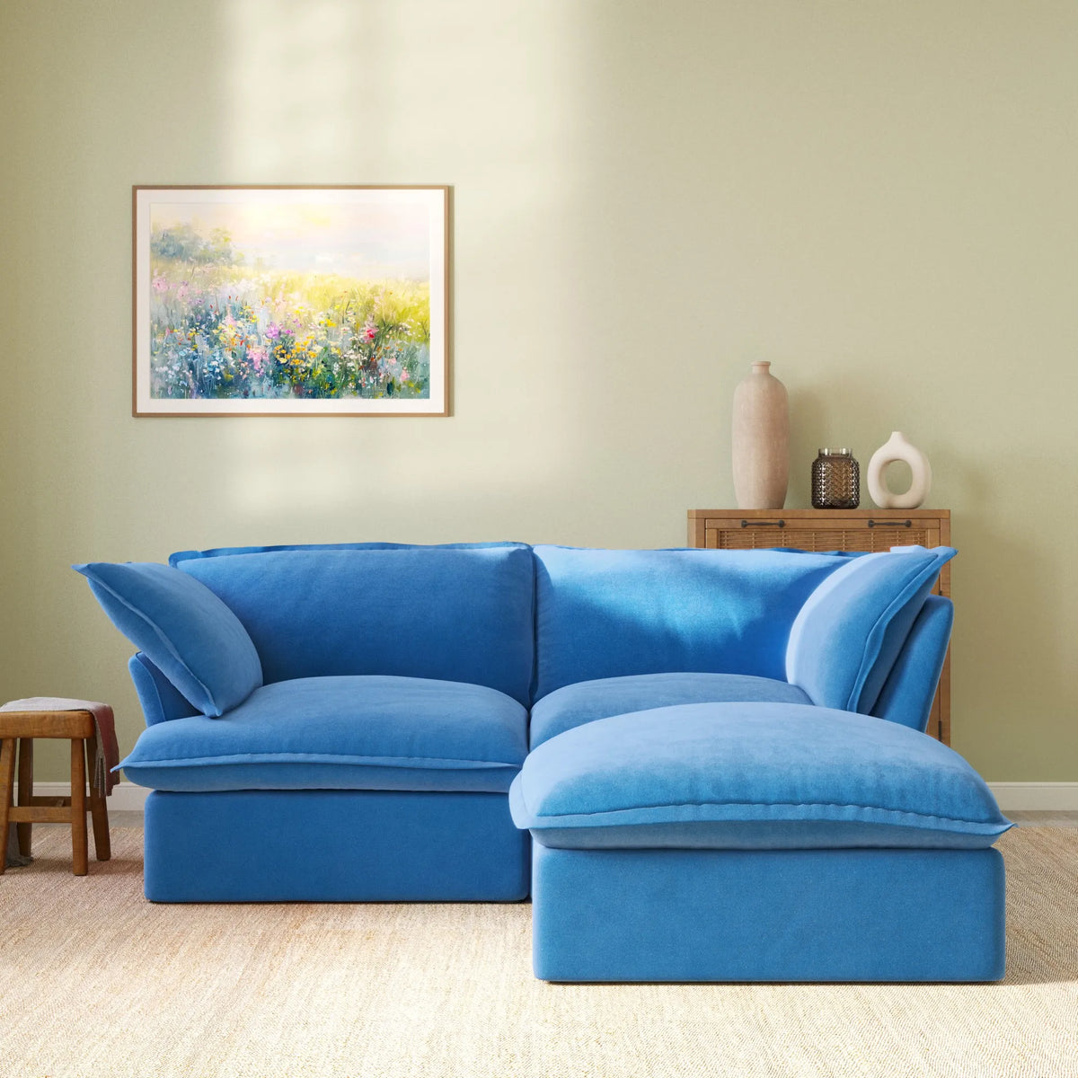 Sky Classic Velvet Cloud Sofa, Replaceable Cover 83-Inch Velvet L-Shaped Sectionals 3-Seaters, Blue