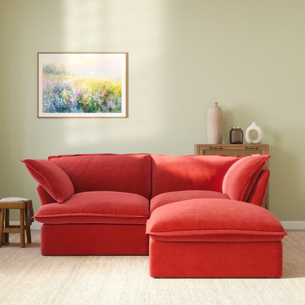 Sky Classic Velvet Cloud Sofa, Replaceable Cover 83-Inch Velvet L-Shaped Sectionals 3-Seaters, Red