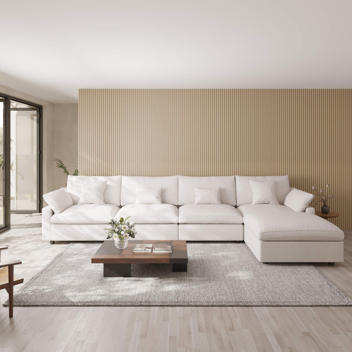 Sky Cloud Slope Sectional Sofa, Pet-Friendly Linen L-Shaped Sectional 5-Seater, White