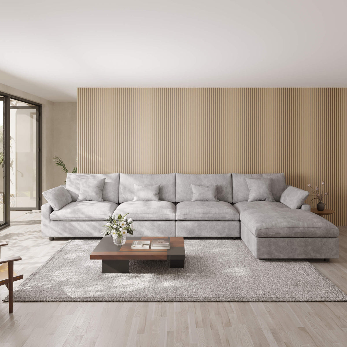Sky Cloud Slope Sectional Sofa, Pet-Friendly Linen L-Shaped Sectional 5-Seater, Light Grey