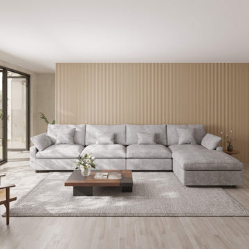 Sky Cloud Slope Sectional Sofa, Pet-Friendly Linen L-Shaped Sectional 5-Seater, Light Grey