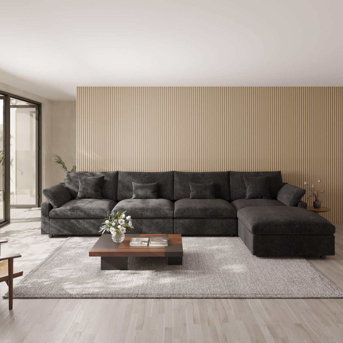 Sky Cloud Slope Sectional Sofa, Pet-Friendly Linen L-Shaped Sectional 5-Seater, Black