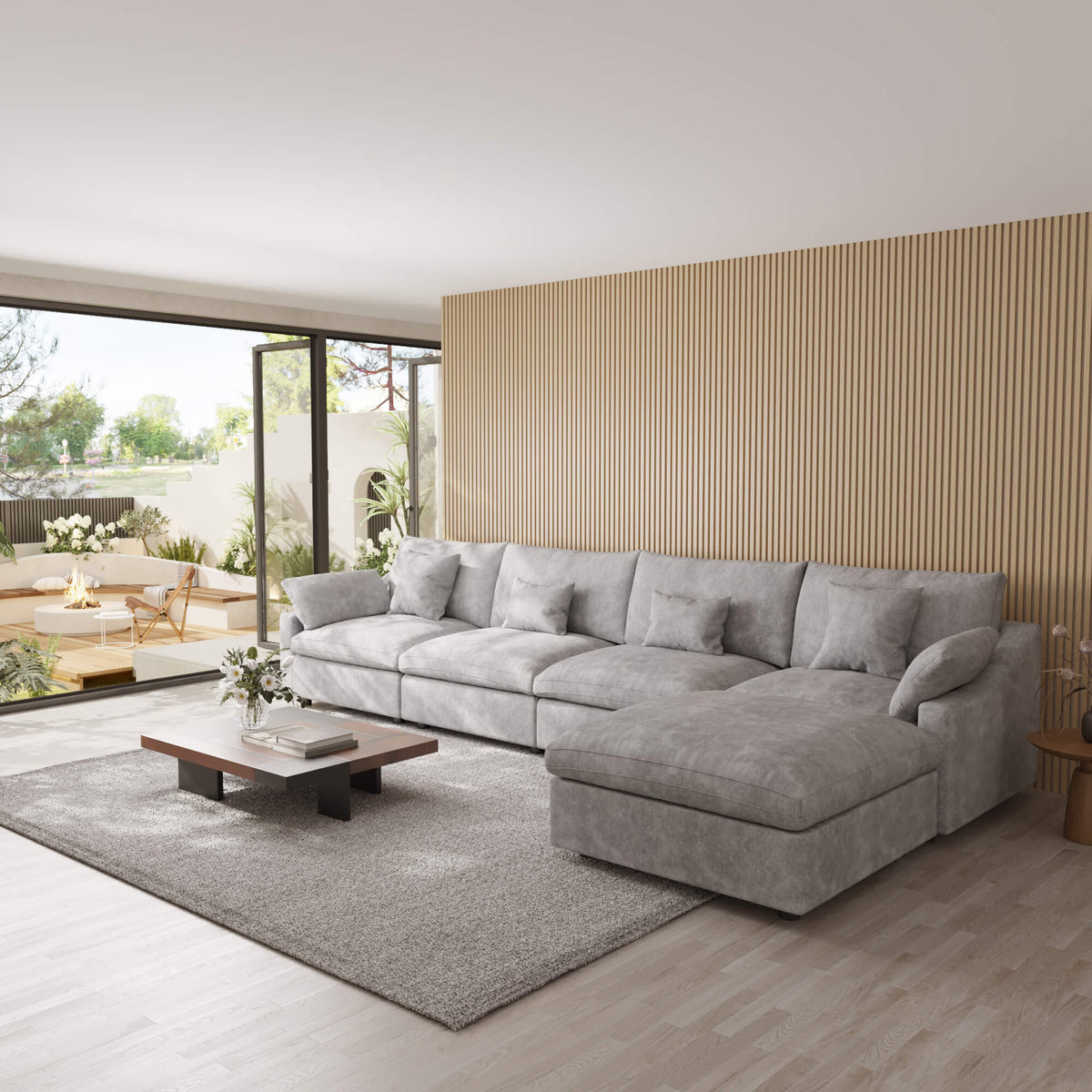 Sky Cloud Slope Sectional Sofa, Pet-Friendly Linen L-Shaped Sectional 5-Seater