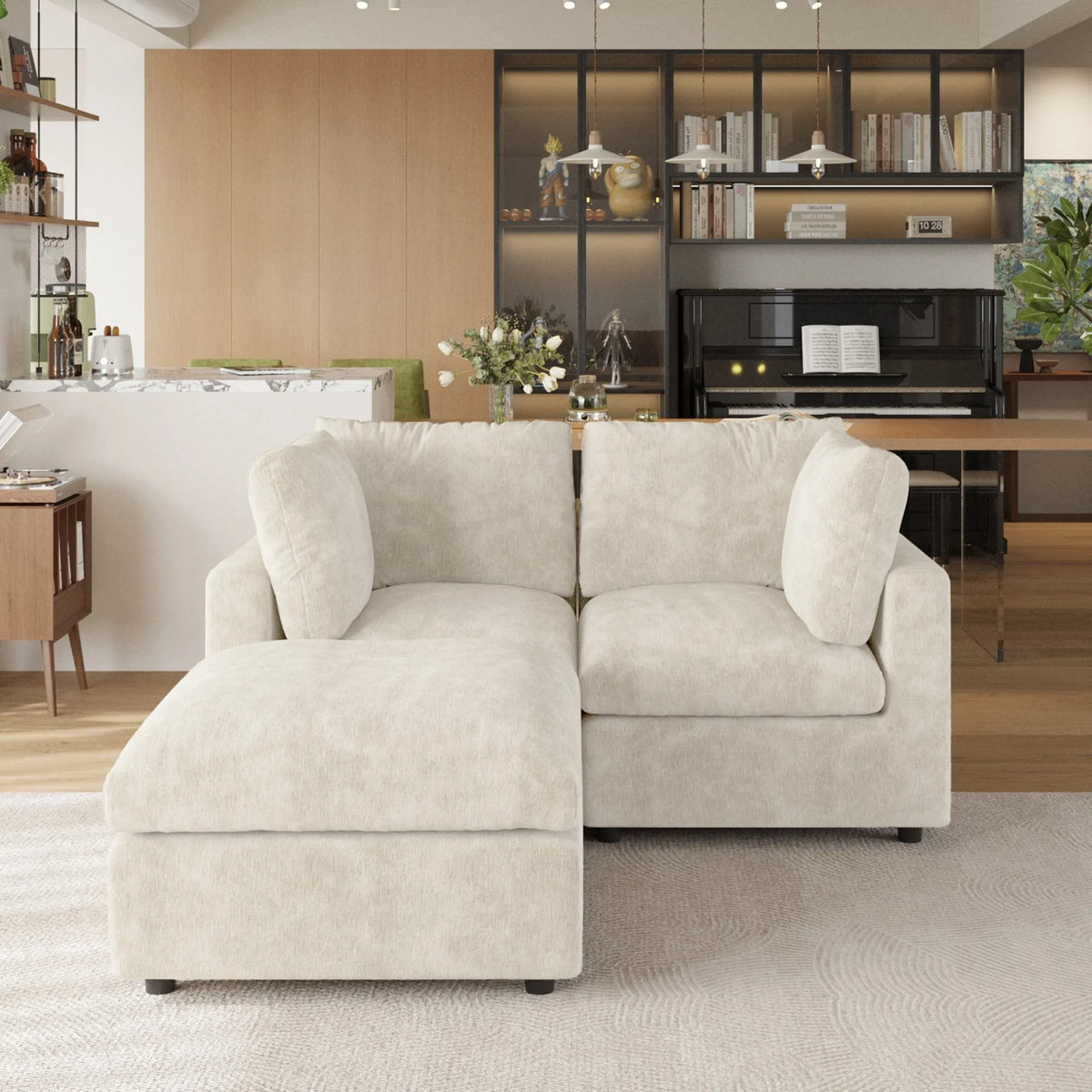 Sky Modular Track Arm Sectional Cloud Sofa, Loveseat Sofa Chaise Chenille and Linen Washable Sofa