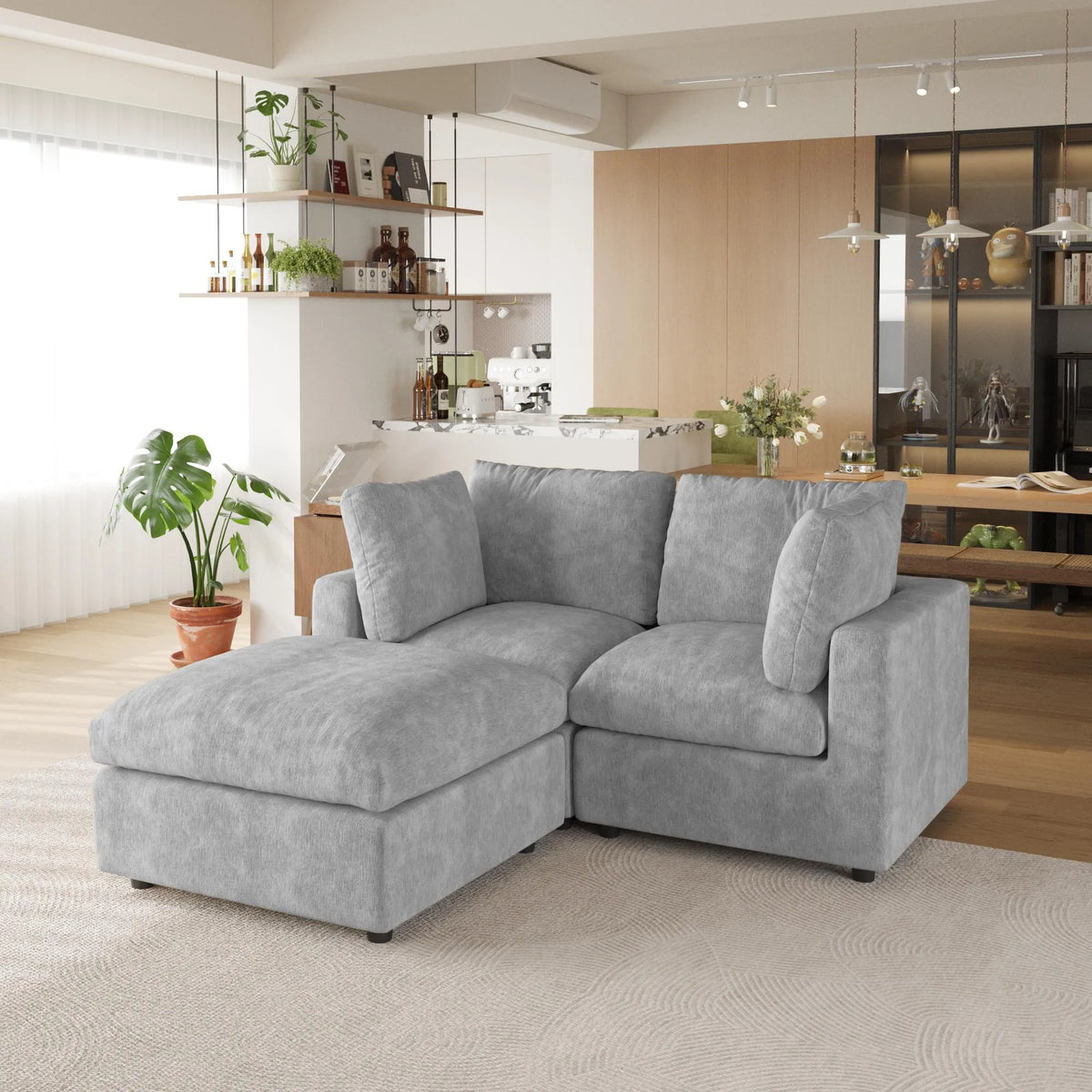 Sky Modular Track Arm Sectional Cloud Sofa, Loveseat Sofa Chaise Chenille and Linen Washable Sofa, Light Grey