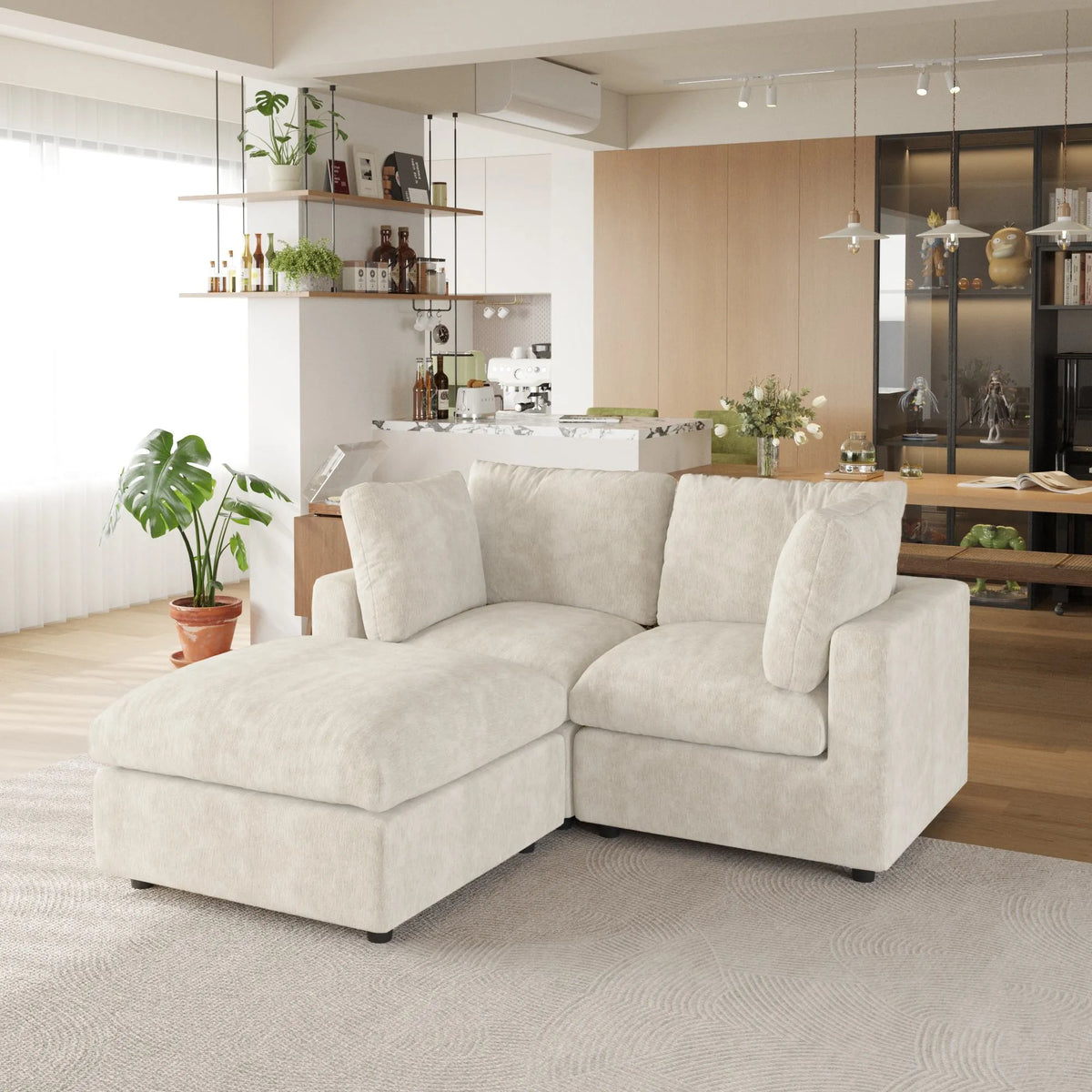 Sky Modular Track Arm Sectional Cloud Sofa, Loveseat Sofa Chaise Chenille and Linen Washable Sofa, Beige