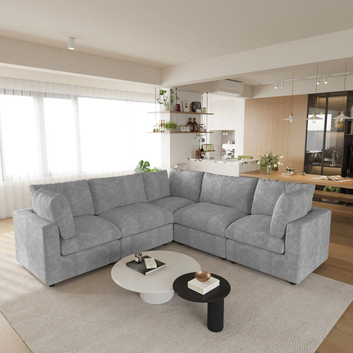 Sky Modular Track Arm Sectional Cloud Sofa, Skin-Friendly Washable Deep Seat V-Shaped Corner Sectional Sofa, Light Grey