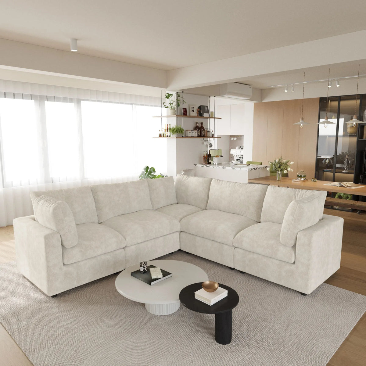 Sky Modular Track Arm Sectional Cloud Sofa, Skin-Friendly Washable Deep Seat V-Shaped Corner Sectional Sofa, Beige