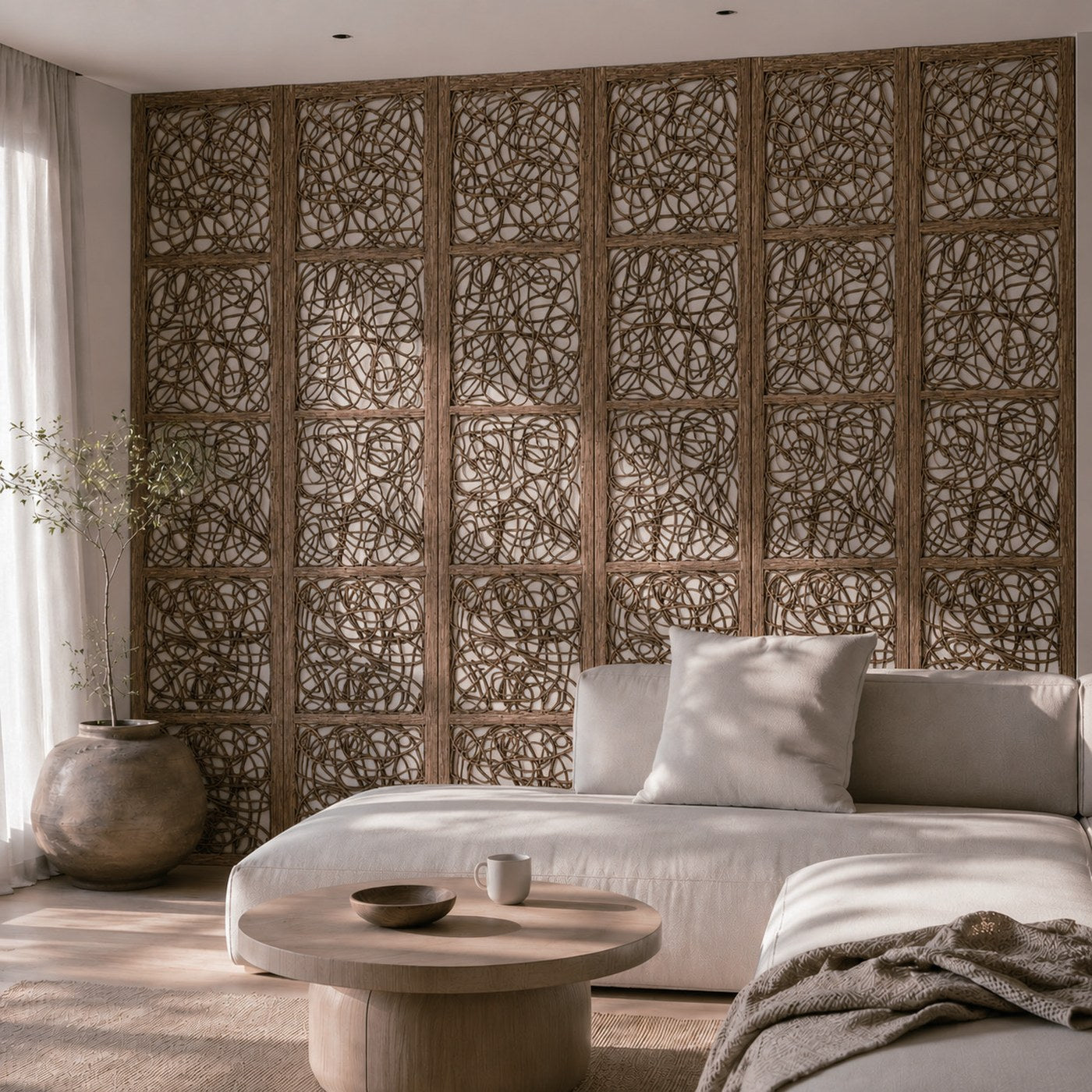 Red Rattan wall panels installed across a feature wall