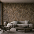 Driftwood wall panels installed across a feature wall