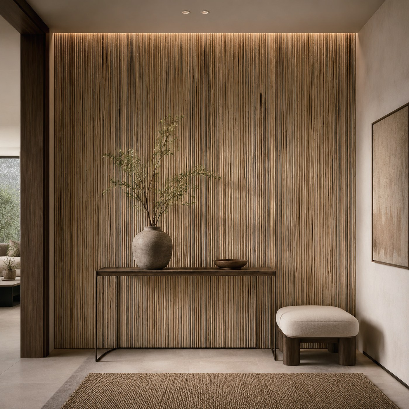 Wicker wall panels installed across a feature wall
