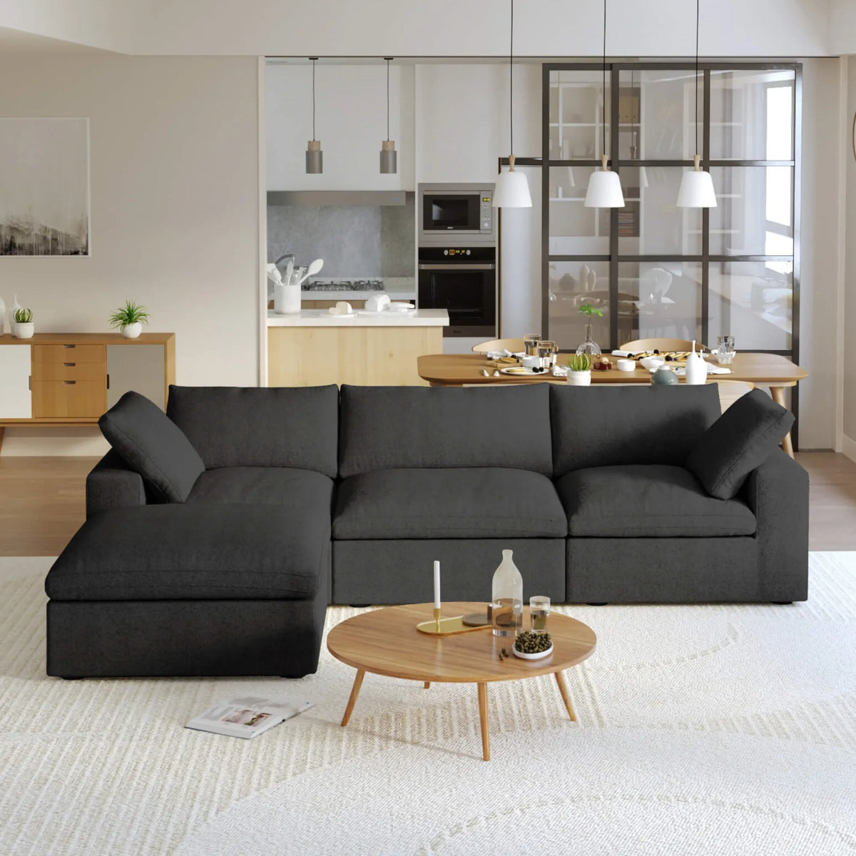 Sky Cloud Sectional Sofa, Washable Cover 120-Inch Linen L-Shaped Sectionals 4-Seaters, Black