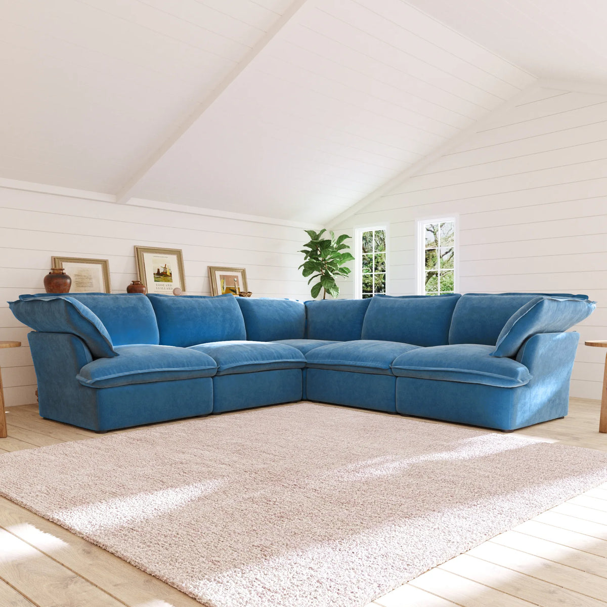 Sky Plus Velvet Cloud Sofa, Washable Cover 122-Inch Velvet Corner Sectionals 5-Seaters, Blue