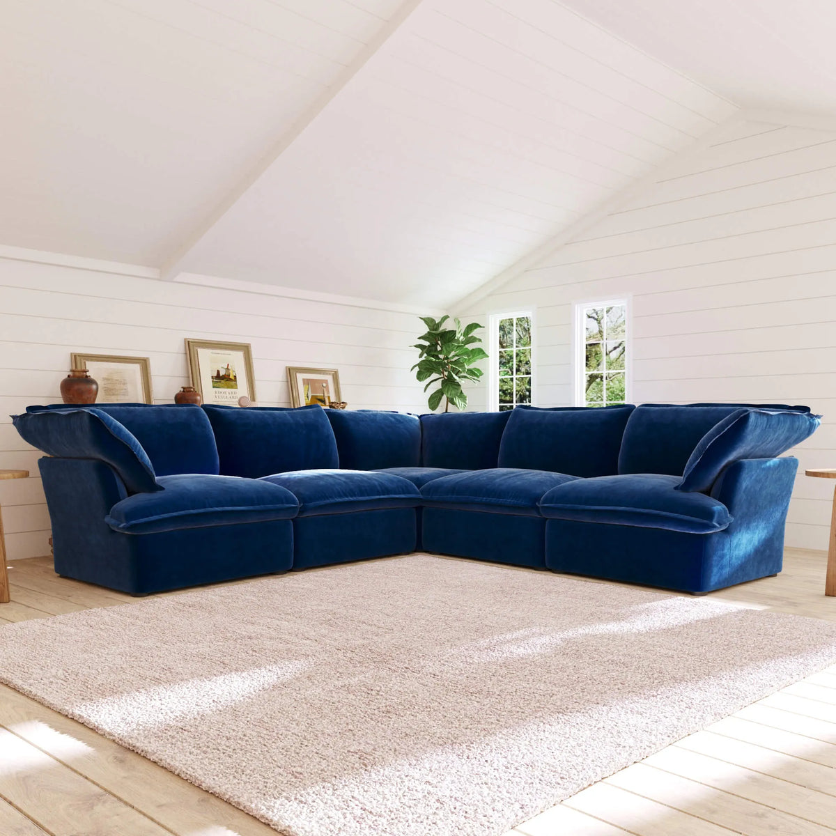 Sky Plus Velvet Cloud Sofa, Washable Cover 122-Inch Velvet Corner Sectionals 5-Seaters, Dark Blue