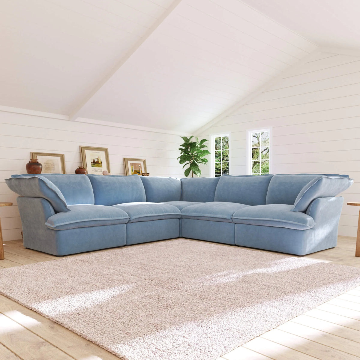 Sky Plus Velvet Cloud Sofa, Washable Cover 122-Inch Velvet Corner Sectionals 5-Seaters, Light Blue