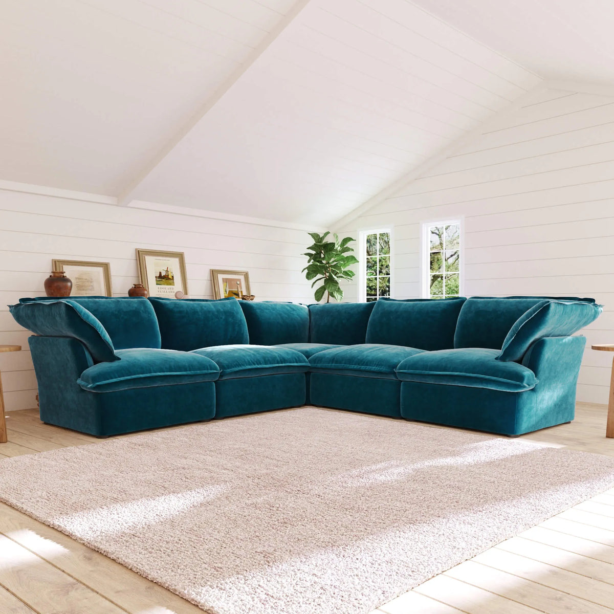 Sky Plus Velvet Cloud Sofa, Washable Cover 122-Inch Velvet Corner Sectionals 5-Seaters, Turquoise