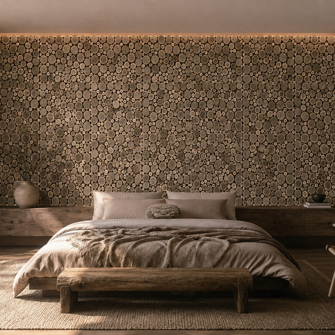 Wood Slice wall panels installed across a feature wall