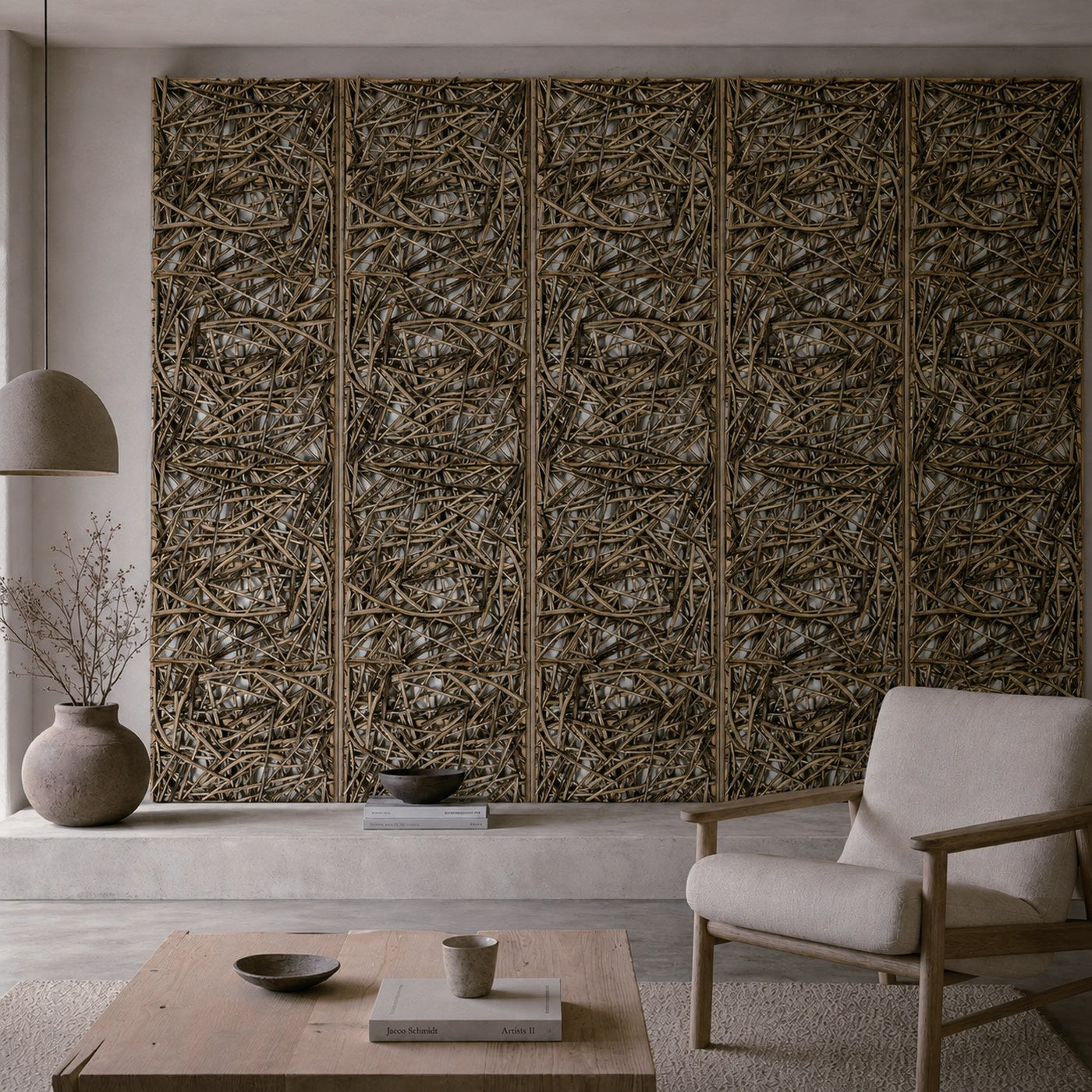 Twig wall panels installed across a feature wall