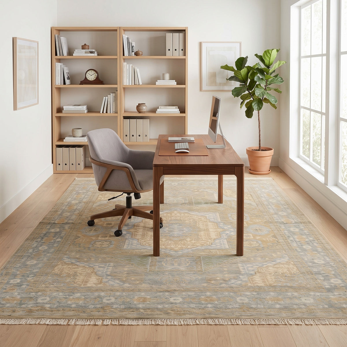 Artisan Hand-Knotted Mamluk Distressed look Rug in a home office