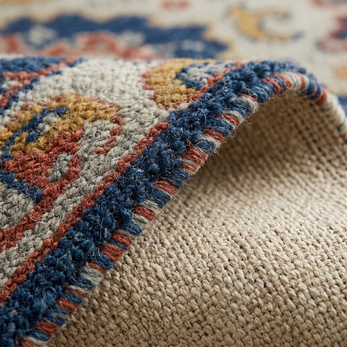 Artisan Hand-Knotted Traditional Rug, folded corner showing the back