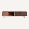 Dark Wood Slatted TV Console with Metal Legs, front view
