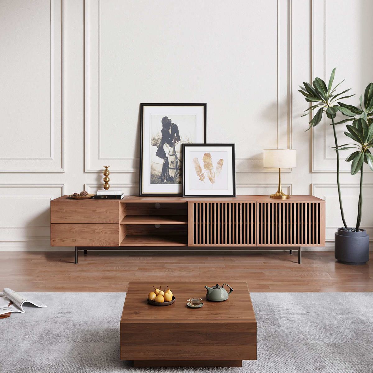 Dark Wood Slatted TV Console with Metal Legs, view 3