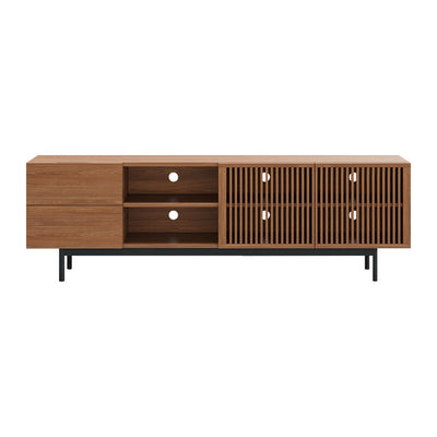 Low wide dark wood TV console with an open shelf, slatted doors and slim metal legs