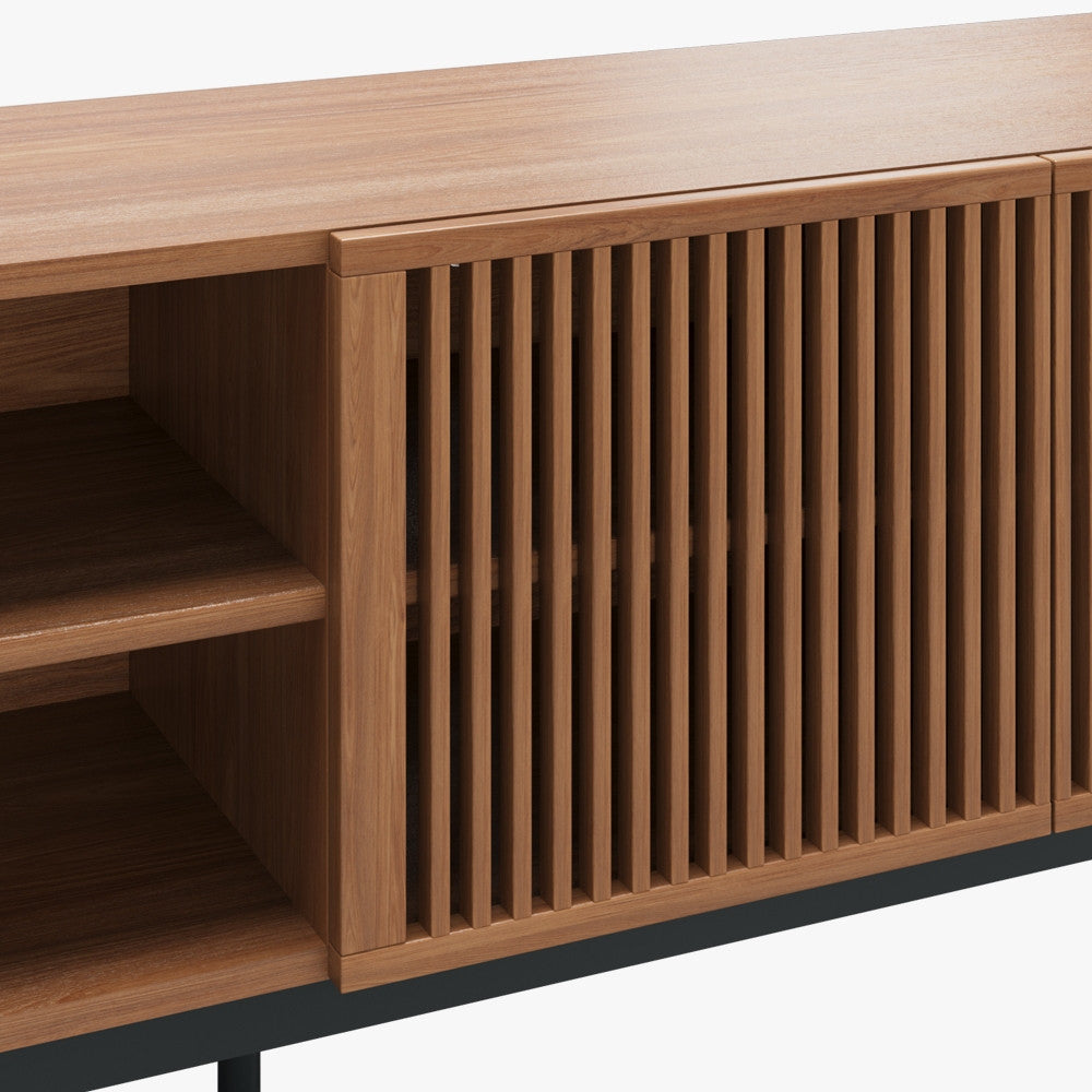 Dark Wood Slatted TV Console with Metal Legs, view 5
