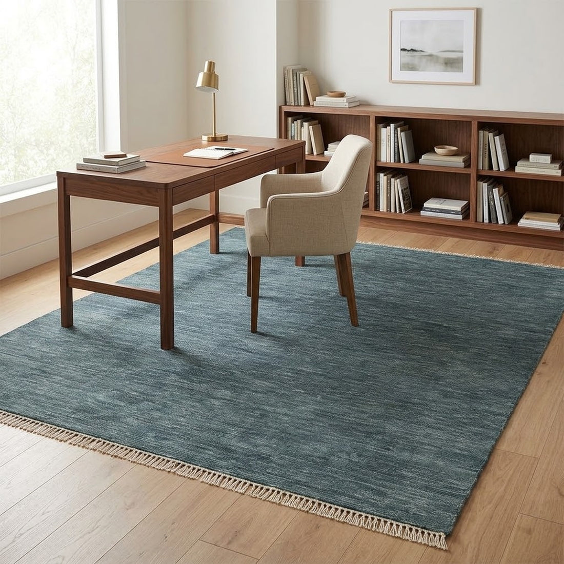 Bedroom Solid Gray Hand Knotted wool Rug, full view on a white background