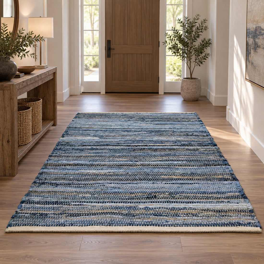 Blue Denim Cotton Kilim Rug, full view on a white background