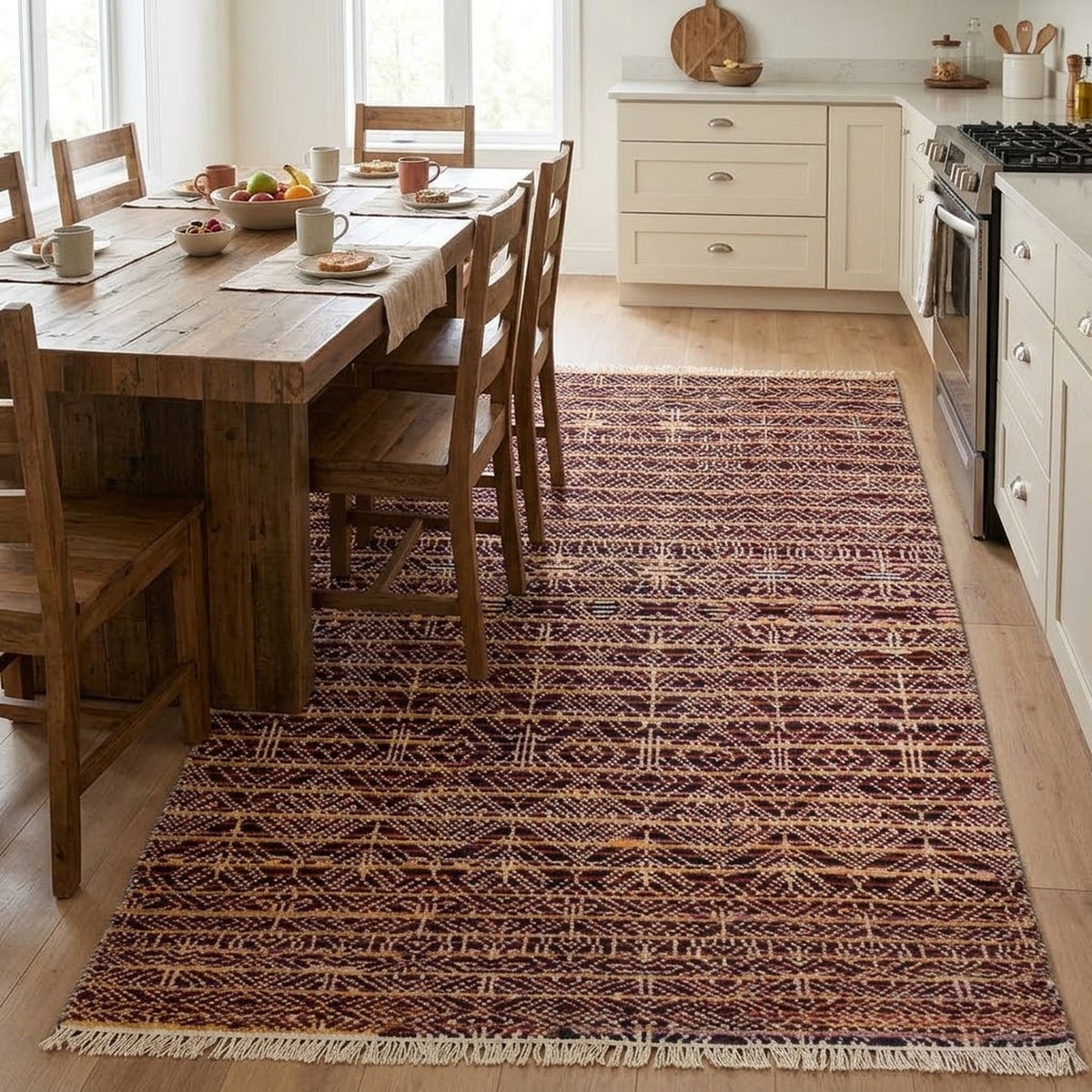 Bohemian-Inspired Hand-Knotted Geometric Rug in a kitchen