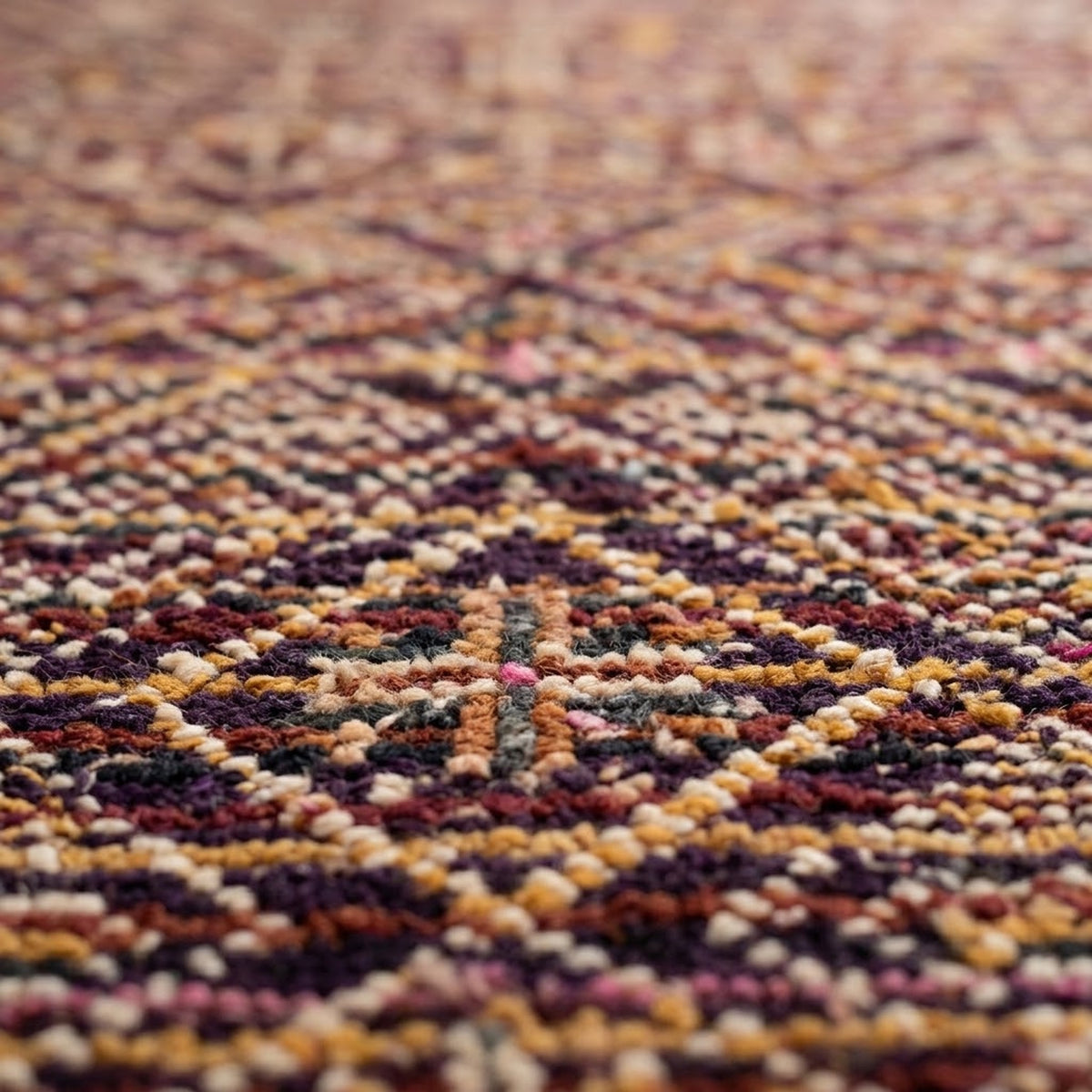 Bohemian-Inspired Hand-Knotted Geometric Rug, close up of the texture