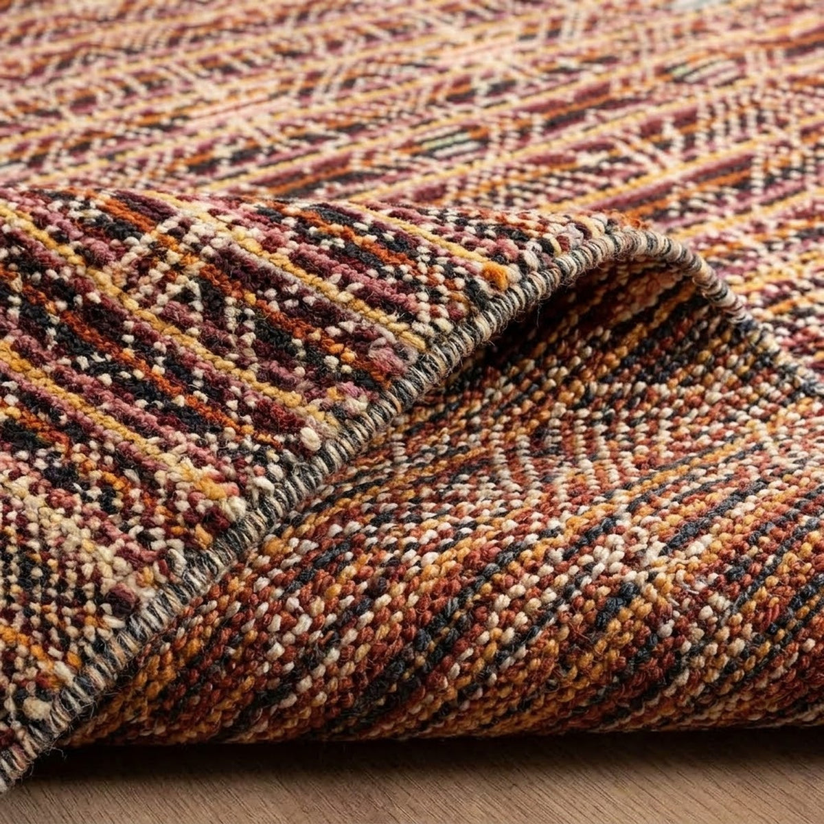 Bohemian-Inspired Hand-Knotted Geometric Rug, folded corner showing the back