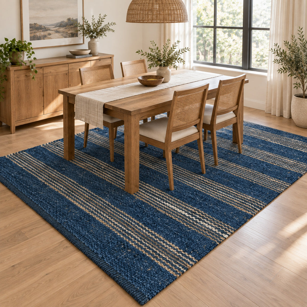 Boho Chic Jute Stripe Rug - Stylish and Sustainable Floor Decor in a dining room