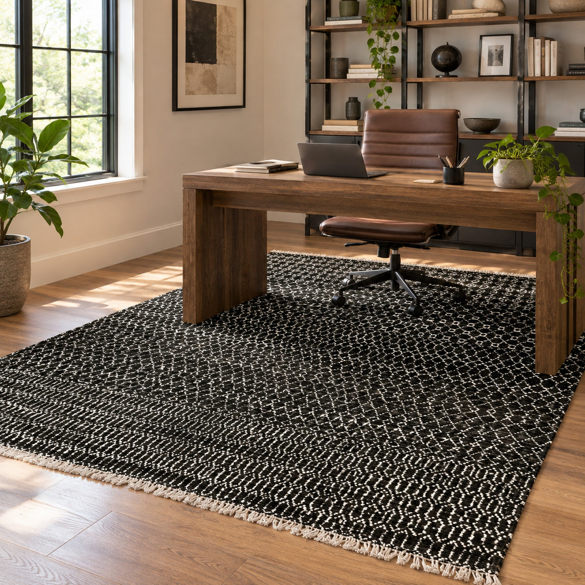 Darya Wool Silver Silk Hand Knotted Premium Quality Rug in a home office
