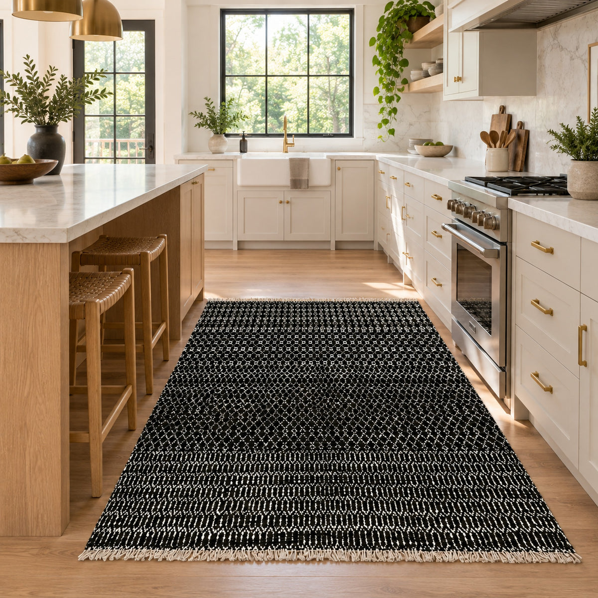 Darya Wool Silver Silk Hand Knotted Premium Quality Rug in a kitchen
