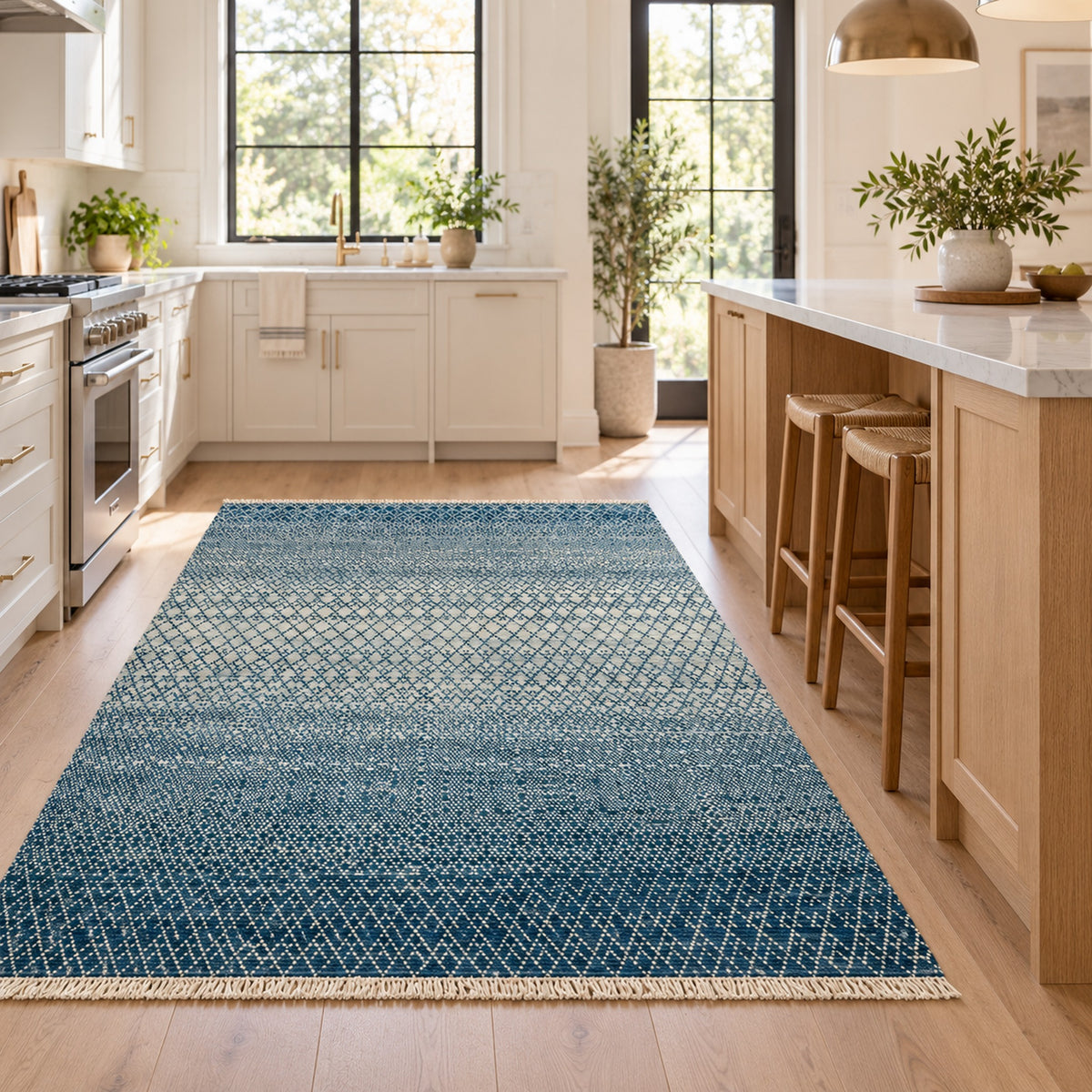 Denim blue Indo Savannah Soft Wool Rug in a kitchen