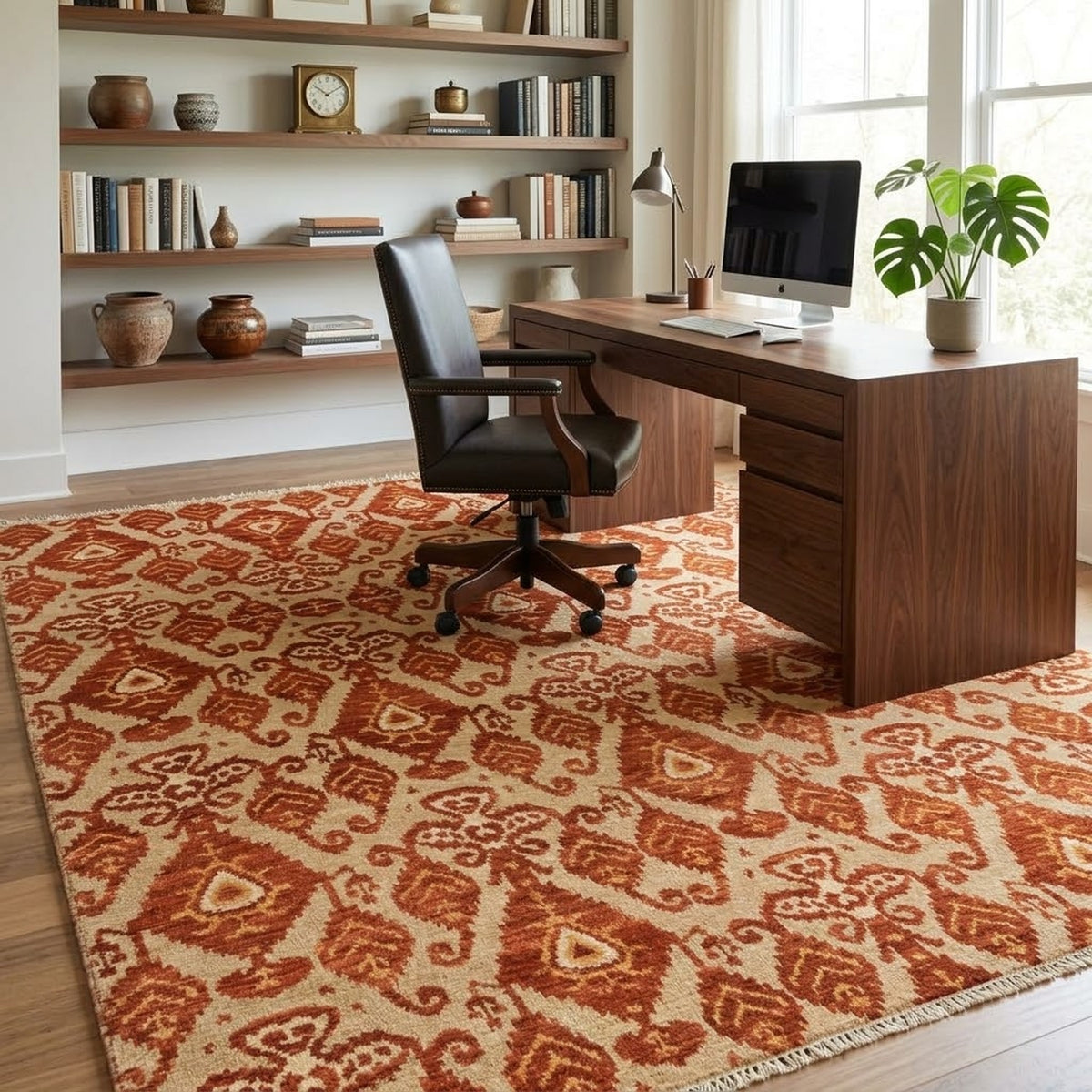 Ella Red Beige Hand Knotted Rug in a home office