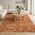 Ella Red Beige Hand Knotted Rug in a living room