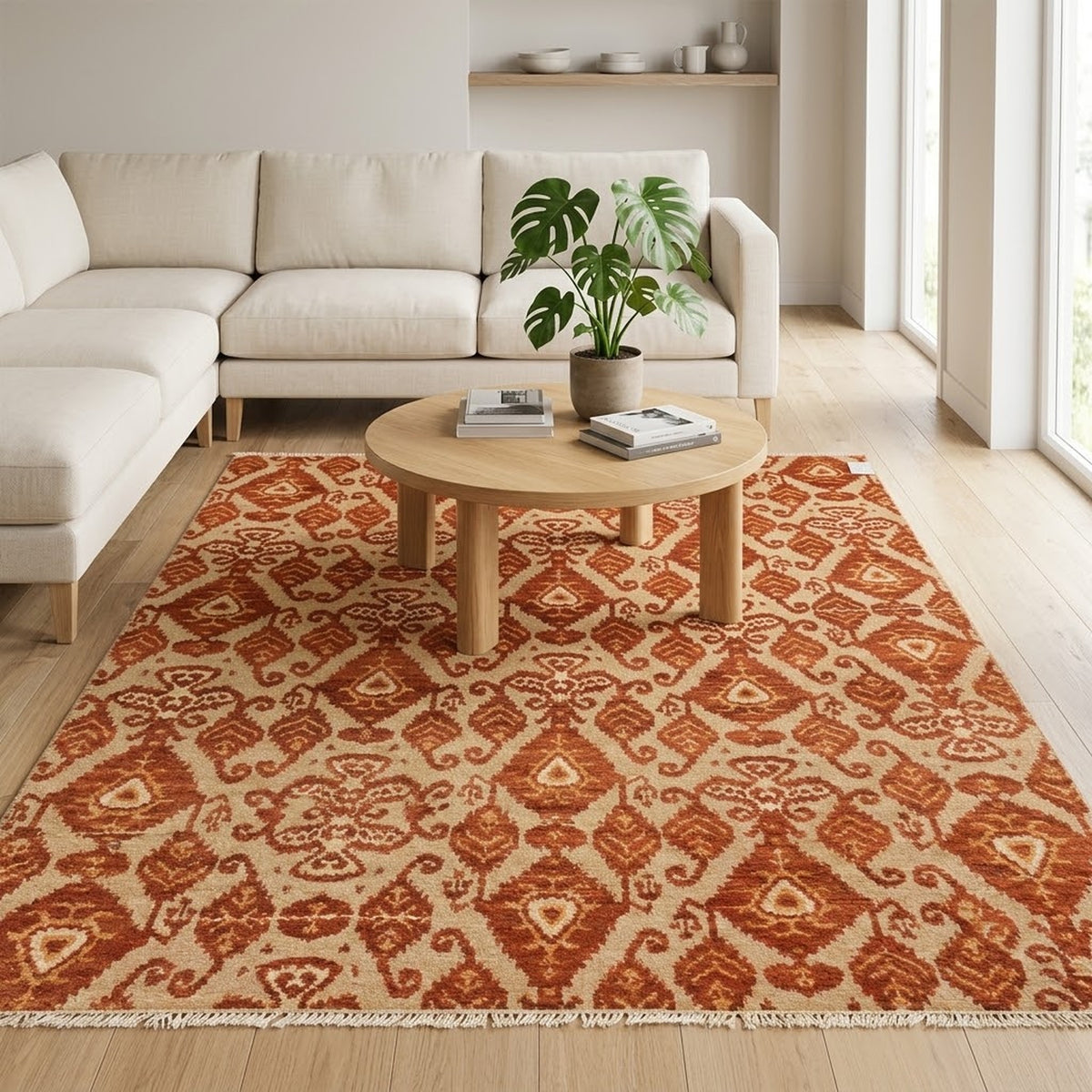 Ella Red Beige Hand Knotted Rug in a living room