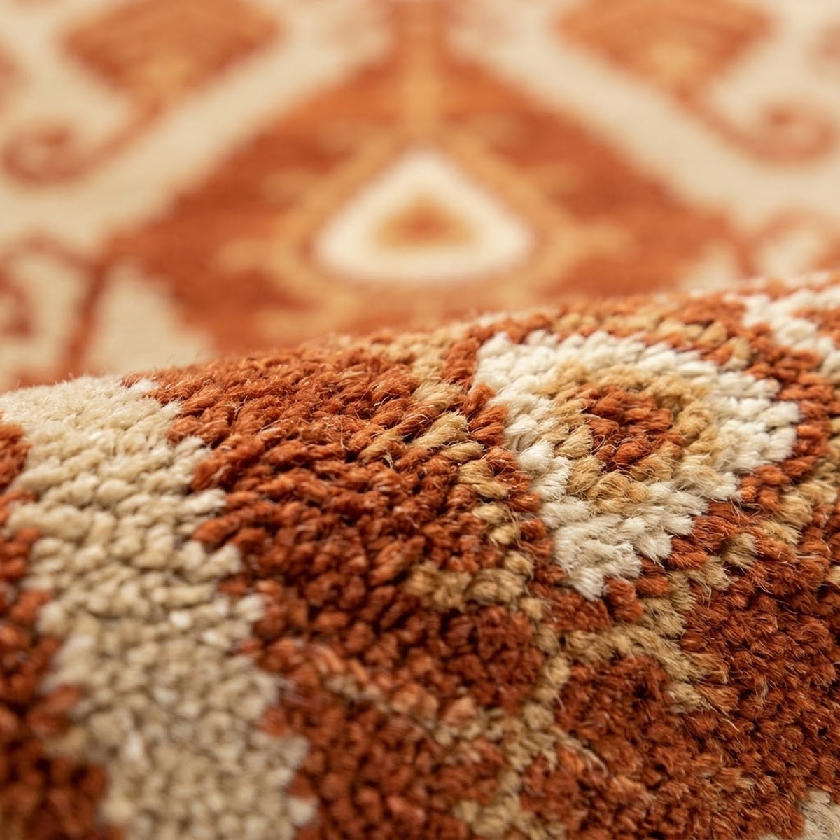 Ella Red Beige Hand Knotted Rug, close up of the texture