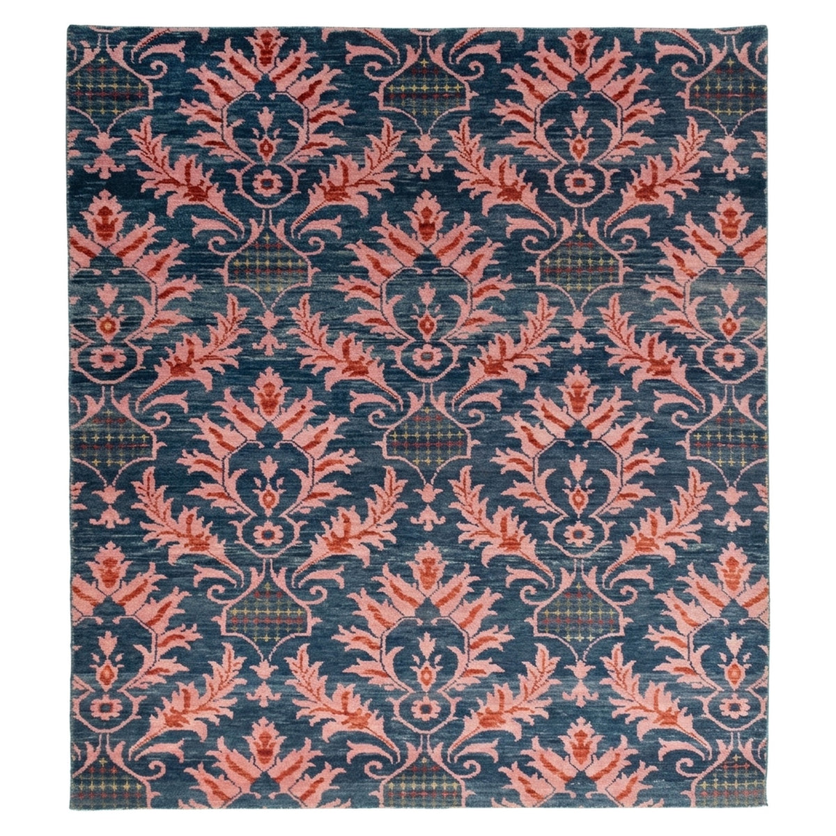 Floral Pink Hand knotted Rug, full view on a white background