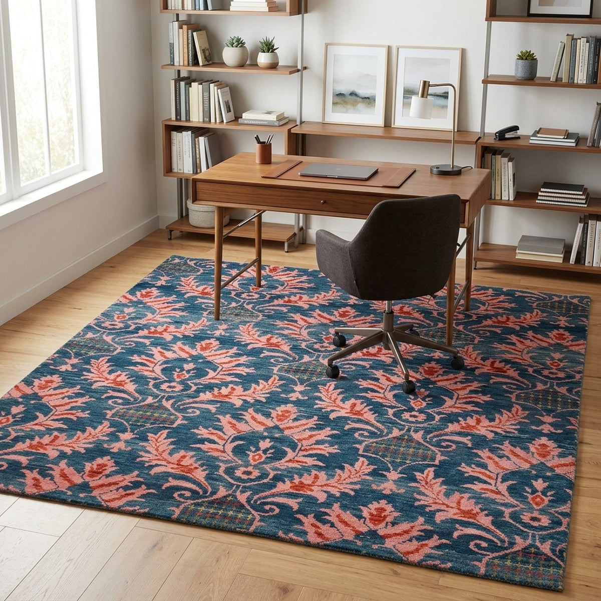 Floral Pink Hand knotted Rug in a home office