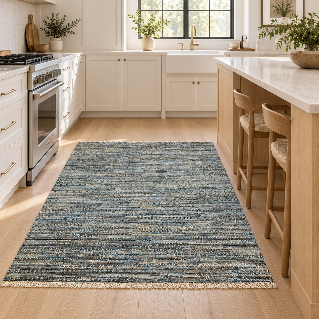 Galaxy Blue Modern Bedroom Rug, full view on a white background