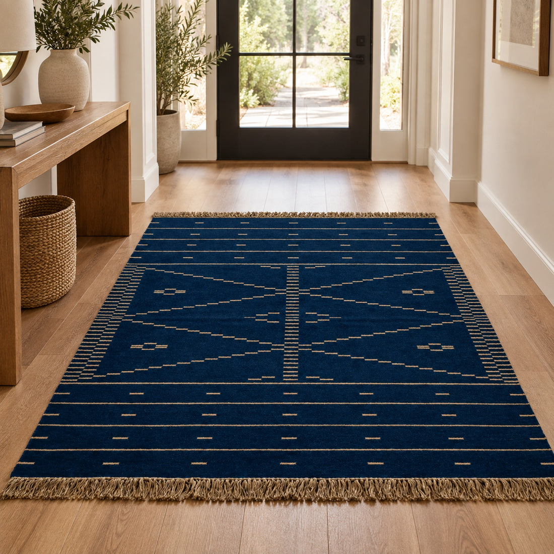 Geometric Dhurrie Rug, full view on a white background