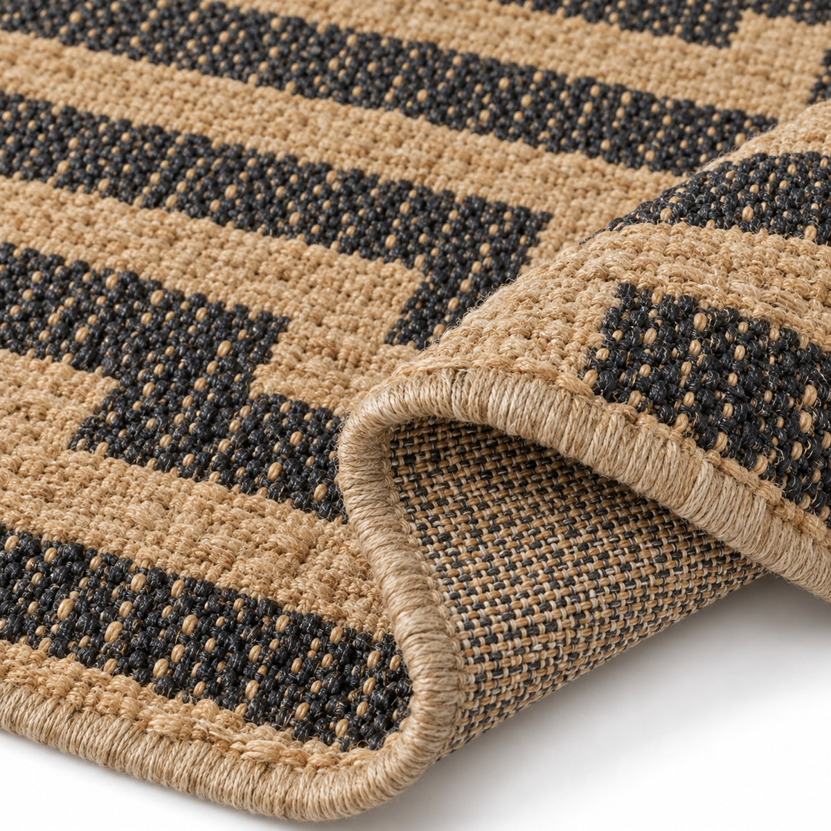 Geometric Pattern Jute Rug - Sustainable Choice for Modern Homes, folded corner showing the back