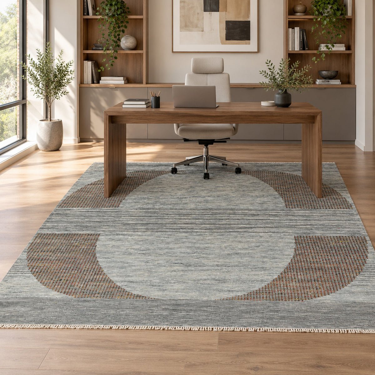 Gray Saree Silk Distressed look Handmade Vintage Rug in a home office