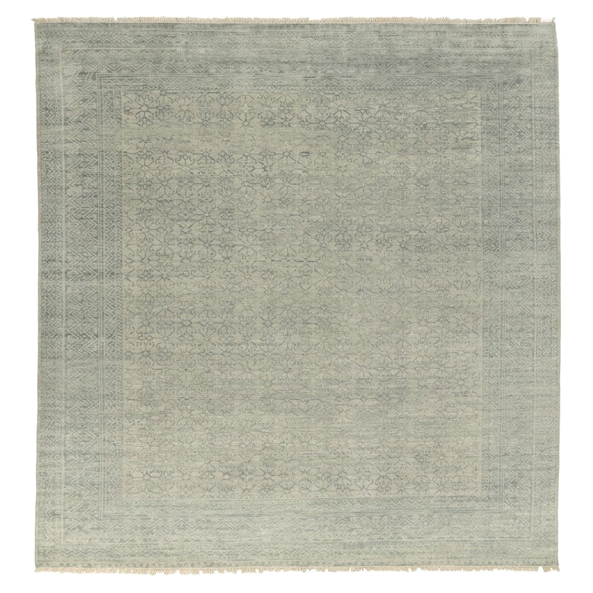 Gray Silver Floral Traditional Faded Color Hand Knotted Rug, full view on a white background
