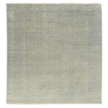 Gray Silver Floral Traditional Faded Color Hand Knotted Rug, full view on a white background